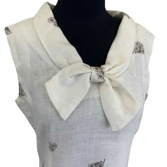 Vintage 1970s Linen Bow Collar Dress with Brown Floral Print – Size M - Picture 2 of 16
